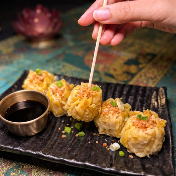 Hand picking up a steamed dumpling from a black plate with a small bowl of sauce.