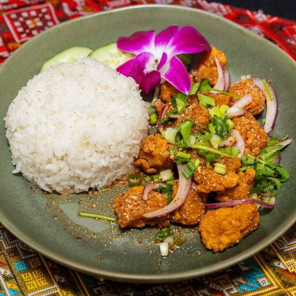 Crispy chicken with red onions, green herbs, white rice, cucumber slices, and a purple orchid.