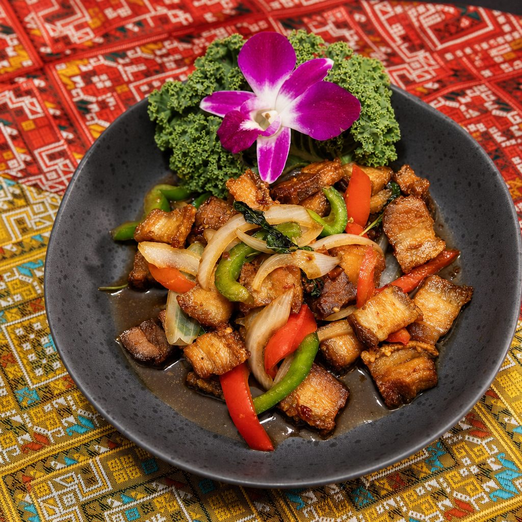 Crispy Pork belly basil.